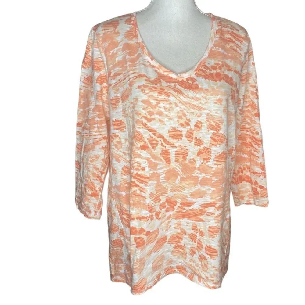 Chico’s Wm Sz 2 Lg Coral Print Slub Cotton Blend Knit V Neck Pull Over Top Shirt